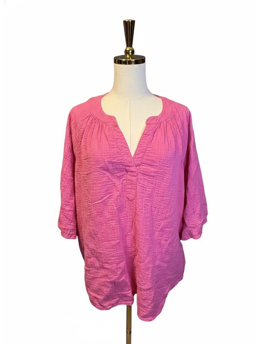 Wonderly 100% Cotton Blouse Bell Sleeve Bright Pink Size XL
